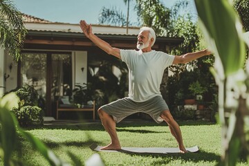 An elderly man practicing yoga in his backyard, focusing on flexibility and mindfulness to maintain physical and mental well-being 3