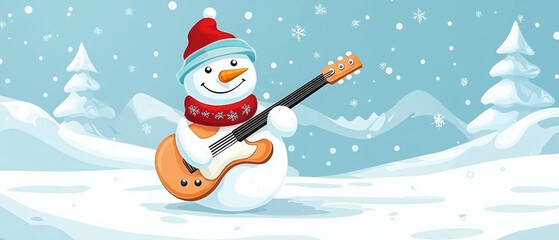 A cheerful snowman in a festive hat plays a guitar surrounded by a snowy landscape, creating a whimsical winter scene.