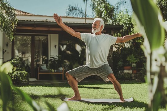 An elderly man practicing yoga in his backyard, focusing on flexibility and mindfulness to maintain physical and mental well-being 3