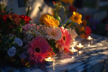 A marble grave marker bathed in sunlight, adorned with flickering candles and vibrant flowers, casting soft shadows and creating a peaceful ambiance in the cemetery 4
