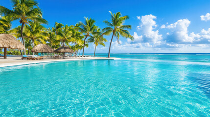 Obraz premium Tropical paradise with palm trees and a serene pool by the ocean, AI