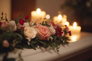 Obraz premium A handcrafted flower crown adorning a polished coffin, under soft candlelight that enhances the delicate petals against a serene atmosphere 2