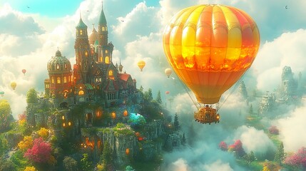 Obraz premium Fantasy Landscape with Castle and Hot Air Balloons