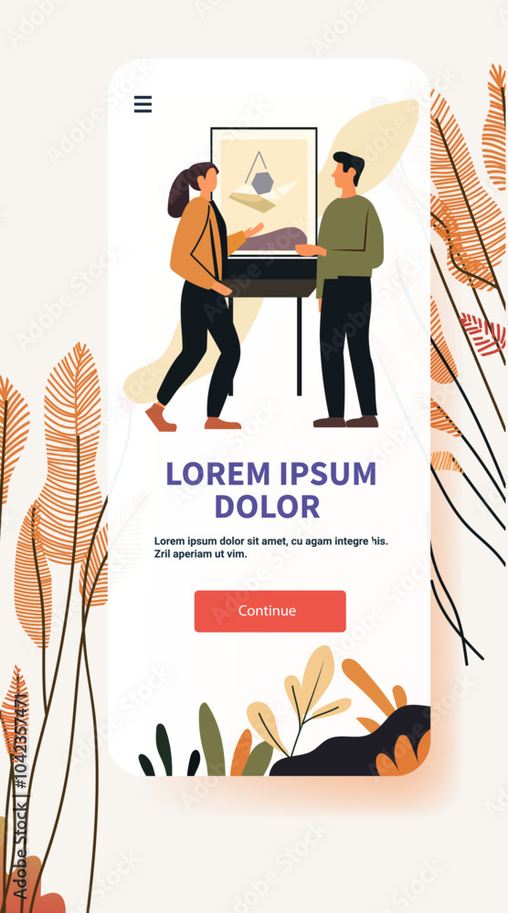 Poster people discussing event ticket purchase abstract art background mobile app screen
