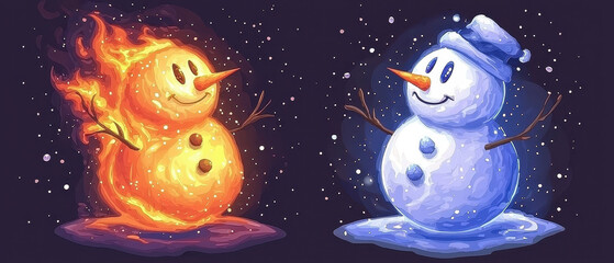 Fototapeta premium Fire and ice-themed snowmen stand against a dark background, embodying contrasting elements of warmth and cold in a playful, artistic illustration.