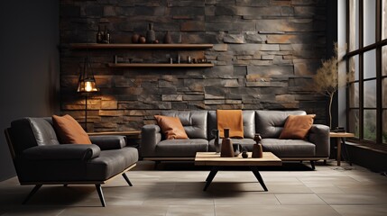 A contemporary living room with a chic black sofa and striking stone tile wall, blending comfort and modern aesthetics seamlessly.