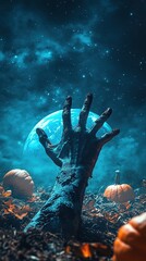 Fototapeta premium Scary halloween background with zombie hand reaching from ground to the moon in a pumpkin patch