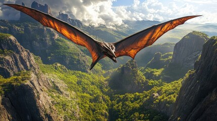 A Pterodactyl soaring gracefully above a breathtaking prehistoric landscape