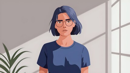 Illustration Young Woman Serious Expression Blue Hair Glasses Indoor 
