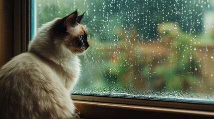 A regal Ragdoll cat sitting on a windowsill, watching raindrops fall outside