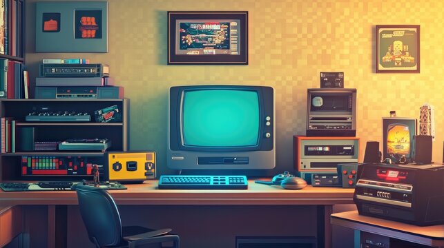A retro-themed gaming setup displayed against a pixelated background with an Atari border