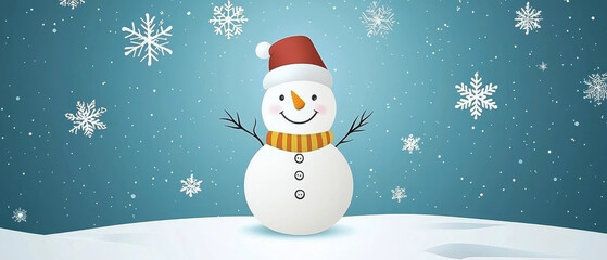 Fototapeta premium A cheerful snowman wearing a red hat and orange scarf stands on snowy ground with falling snowflakes in a blue winter background.