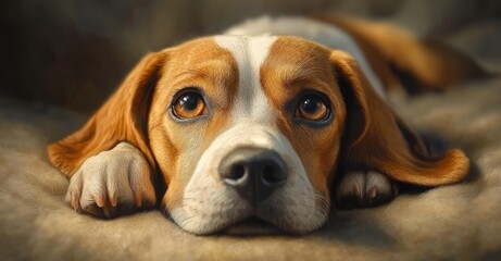 A beagle dog with brown and white fur lies on a bed with its paws in front of it, looking up at the camera with its brown eyes.
