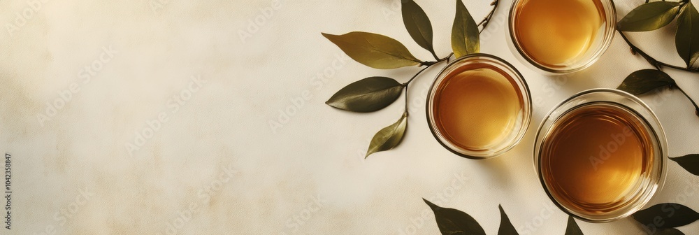 Poster a serene setup features three tea cups surrounded by harmonious intersecting tea leaves, perfect for