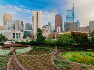 Matthias Baldwin Park with a view of the city skyline buildings of Philadelphia, Pennsylvania,...
