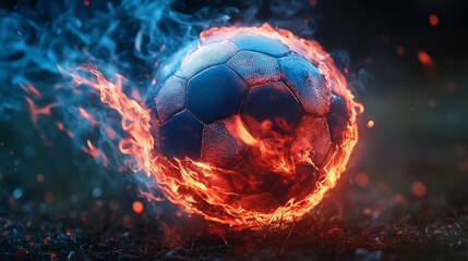 A soccer ball engulfed in flames and smoke on a grass field.