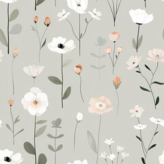 A serene floral pattern featuring hand-drawn white and peach flowers on a soft gray background, perfect for elegant home decor and textile designs