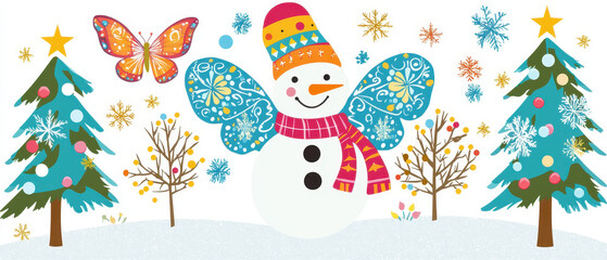 Obraz premium A cheerful snowman with colorful butterfly wings stands amidst snow-covered trees and festive decorations, set in a whimsical winter scene.