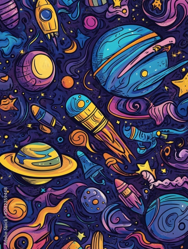 Poster a colorful array of cosmic doodles showcases planets, rockets, stars, and asteroids against a dark, 
