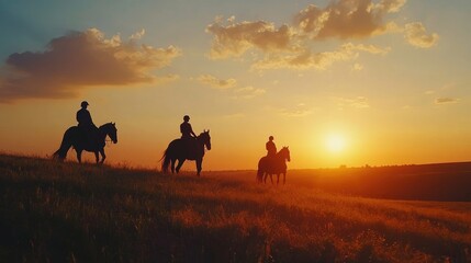 Fototapeta premium A scenic view of horseback riders silhouetted against a stunning sunset