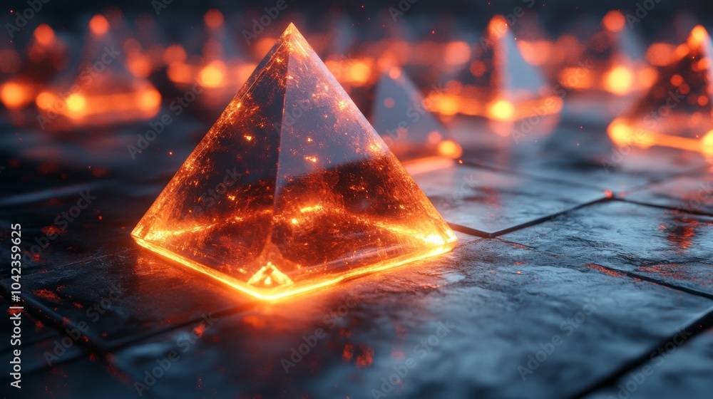 Fototapete pyramids made of glowing lava are positioned on a dark surface, casting an enchanting light that add