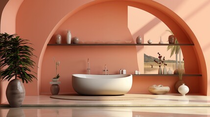 This chic coral bathroom features a graceful arched wall and an ellipse window, blending modern design with inviting warmth.