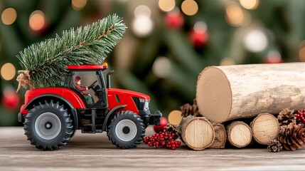 A toy tractor loaded with a Christmas tree travels along a log in a serene autumn forest, surrounded by blurred colorful foliage