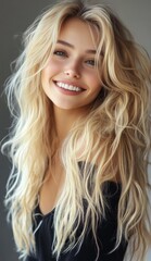 Naklejka premium A beautiful young woman with long blonde hair smiles brightly at the camera.
