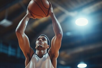Portrait of a male basketball player shooting a basket, determined face, indoor court, action shot, bright lighting, side angle 2