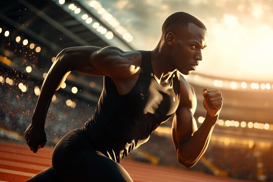 Portrait of a male runner sprinting on a track, determined expression, stadium background, dynamic motion, natural light, side angle 1
