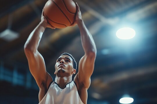 Portrait of a male basketball player shooting a basket, determined face, indoor court, action shot, bright lighting, side angle 2