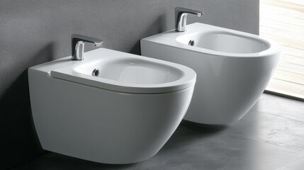 Fototapeta premium Two Modern Wall-Mounted Bidets with Chrome Faucets