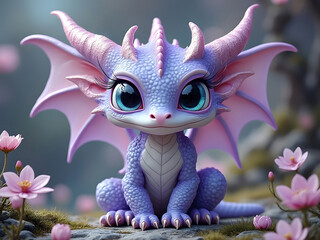 Adorable baby dragon with violet scales and soft pastel colors 3d illustration