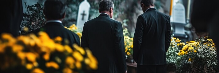 Naklejka premium A man in a black suit stands in front of a grave with a cross in the background
