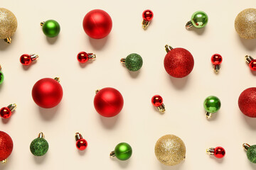 Composition with different Christmas balls on light background