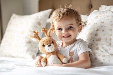 Fototapeta premium Cute toddler holding a deer plush toy, sitting on a bed, morning light, smiling, front angle 2