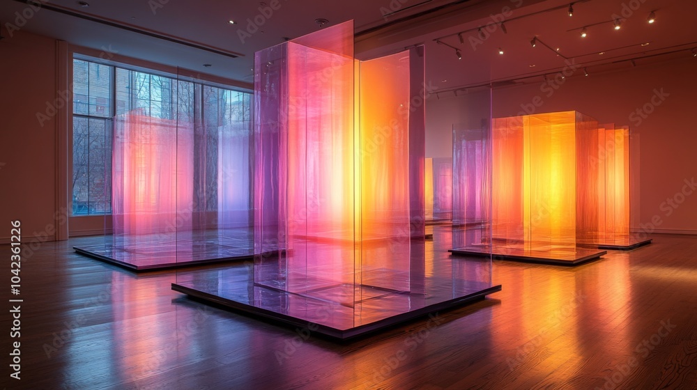 Poster Translucent sculptures in vibrant hues fill the modern gallery, their warm colors reflecting light and creating a captivating ambiance. Visitors are drawn to the mesmerizing visual display.