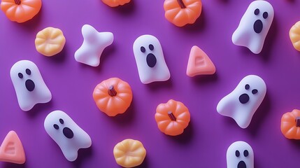 Halloween background with ghosts and pumpkin candies on purple background. 3d