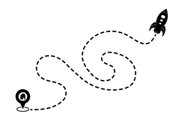 Abstract spaceship rocket icon, house, location pin vector on white. Creative spacecraft transport design to use for business goal, technology, science projects.