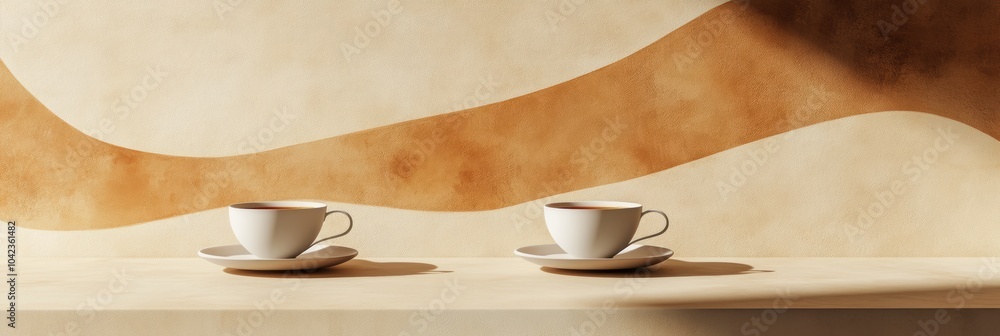 Poster Two elegant tea cups rest on a smooth surface, complemented by harmonious lines that evoke tea leaves and a tranquil atmosphere. Generative AI