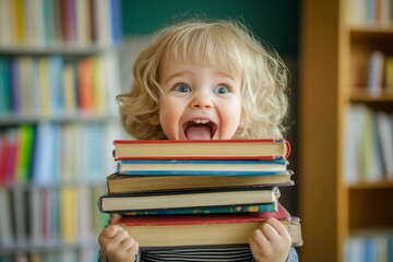 Child holding a stack of books, excited expression, classroom background, natural daylight, side angle 1