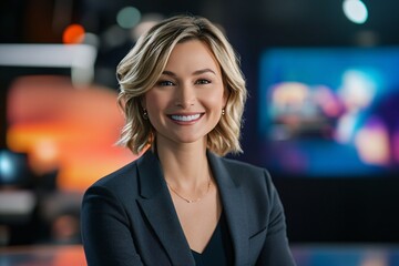 A smiling news anchor presenting the evening news, professional studio, bright lighting, mid-shot, front view 2