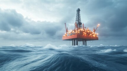 Obraz premium Offshore oil rig stands resilient amidst turbulent ocean waves under a stormy sky, AI