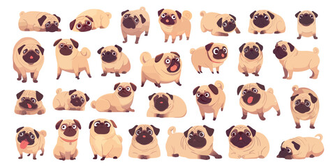 Cartoon funny pug set. Cute dog character puppy in different poses sit stand lay, pet animal vector illustration