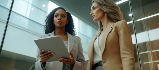Two Confident Professional Businesswomen Discussing a collaborative Project on a Tablet in a modern office setting