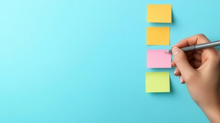 A hand writing down key points on a sticky note during a consulting session, consulting notes, quick business ideas