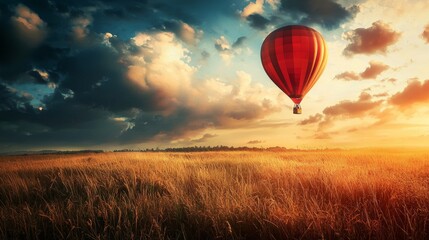 Obraz premium Hot air balloon floating over a golden field at sunset