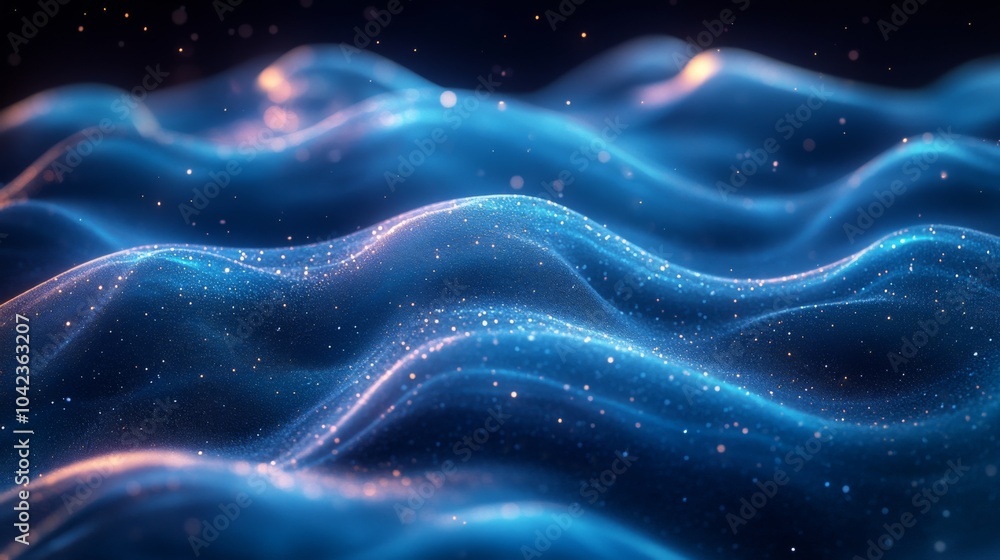 Aufkleber Waves of vibrant blue light ripple gently, enhanced by sparkling particles, creating a tranquil underwater atmosphere in a dark setting.