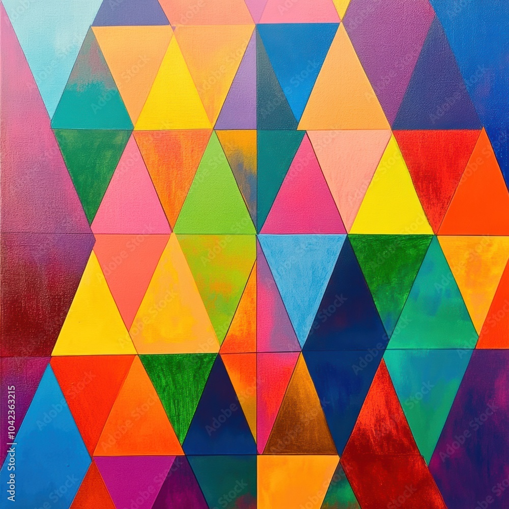 Leinwandbilder A vivid display of interlocking triangular shapes in various colors creates a dynamic geometric abstraction with a lively composition. Generative AI