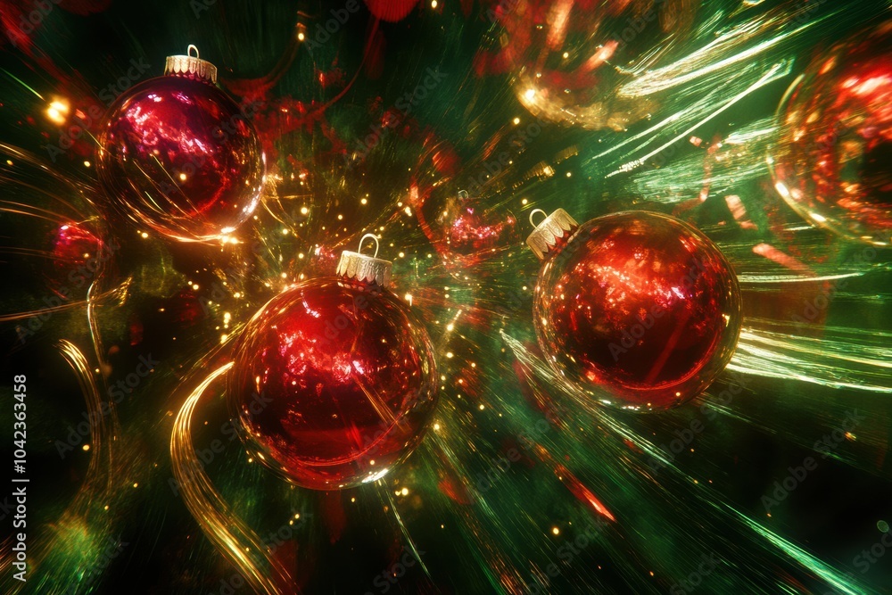 Poster colorful christmas ornaments float amidst sparkling lights, creating an abstract burst of festive en